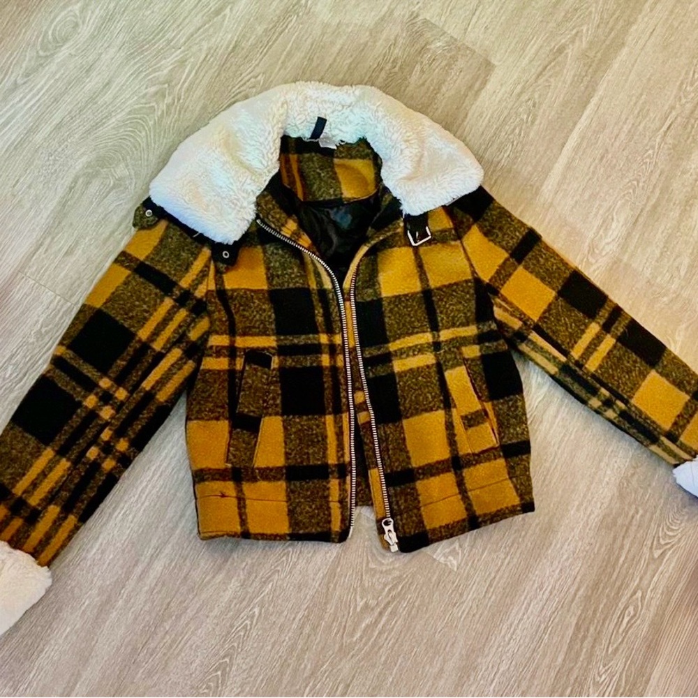 Plaid Jacket with Faux Fur Collar